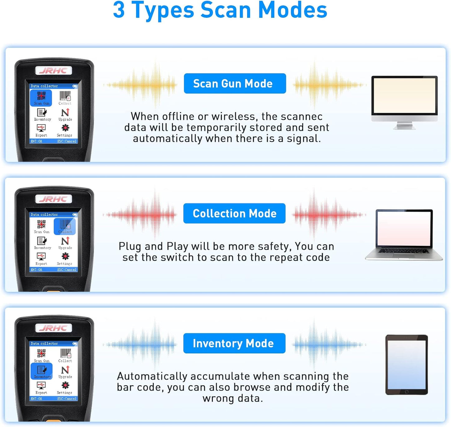 Inventory Barcode Scanner, Wireless Barcode Scanner 1D 2D & PDF417 Data Collector Portable Data Terminal Inventory Device with 2.4G Wireless & USB Wired Connection Bar Code Scanners