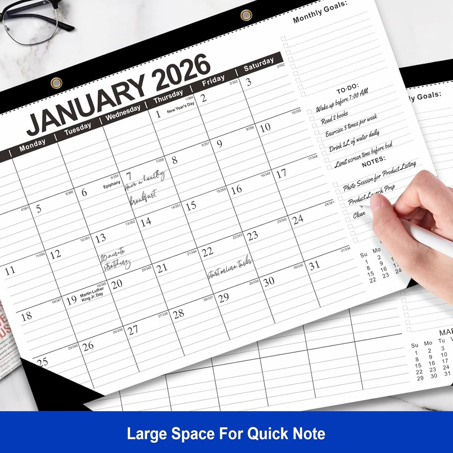 Comix 2026 Desk Calendar 12x17 Inch - 12 Month Desk Calendar, January 2026 to December 2026, Thick Paper, Ideal for School, Office & Home, Black and White