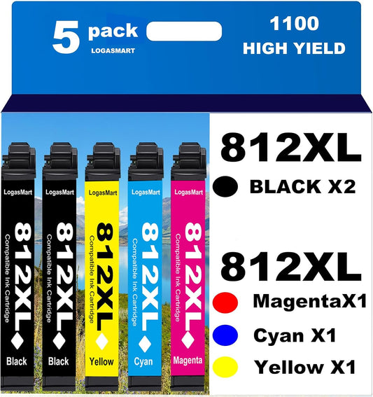 812XL Remanufactured for Epson 812XL Ink cartridges Combo Pack for Epson 812 T812 XL for Epson Workforce Pro WF-7840 WF-7820 WF-7310 EC-C7000 Printer 5 Pack 2 Black 1 Cyan 1 Magenta 1 Yellow