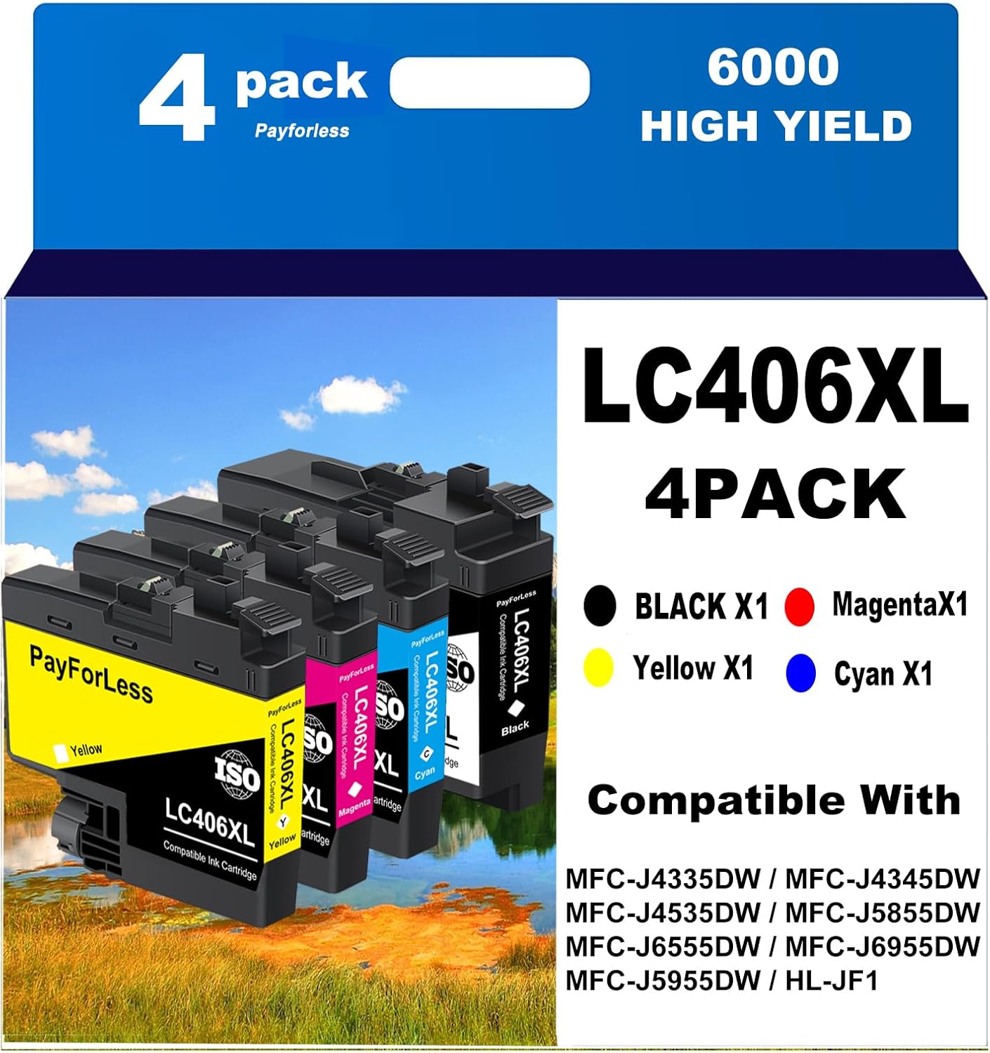 LC406XL for LC406 Ink Cartridges for Brother Printer for Brother MFC-J4335DW MFC-J4535DW MFC-J5855DW MFC-J6555DW MFC-J6955DW Printer 4 Pack(Black Cyan Magenta Yellow)