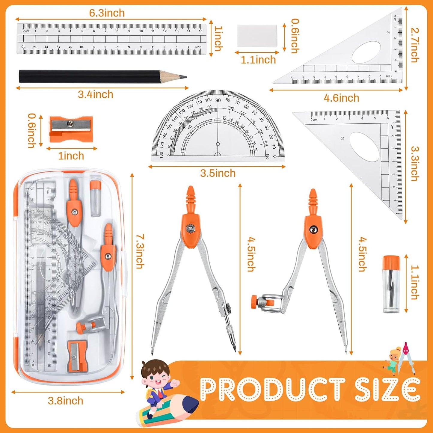 Teling 12 Sets Math Geometry Kit for Students 10 Pcs Compass Geometry Tools Set Includes Rulers Protractor Compass Eraser Pencil Sharpener Lead Refills Pencil (Orange)