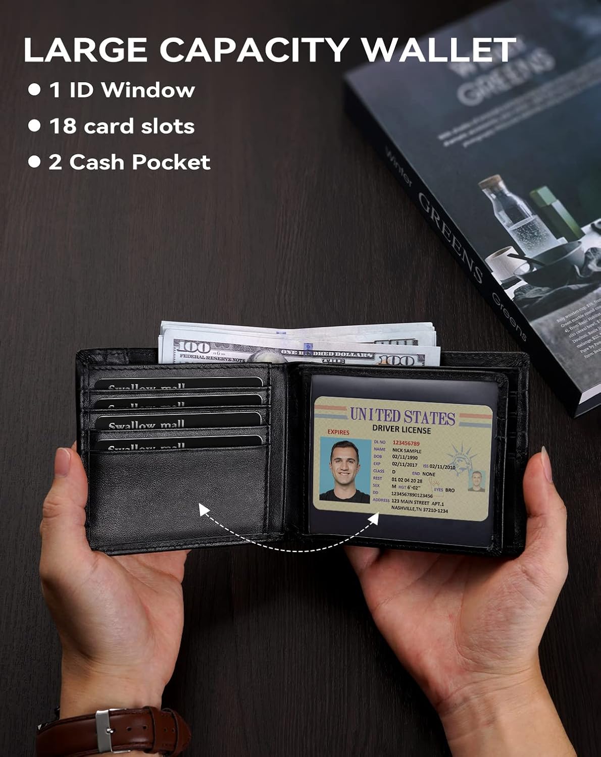 Swallowmall Mens Wallet Rfid Blocking Leather Wallet for Men Bifold Wallets with 1 ID Window 16 Card Slot