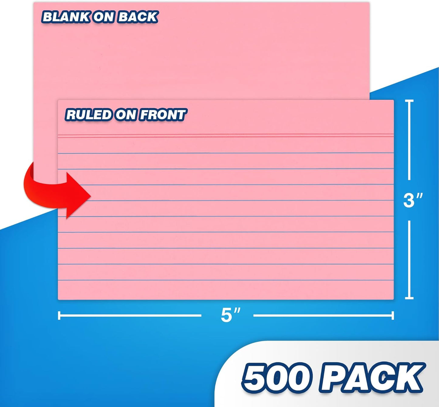 Chell 500 Count Index Cards 3x5 Inch Heavyweight, Ruled Front and Blank Back, 65 lb. Cover Weight, Pastel Colors