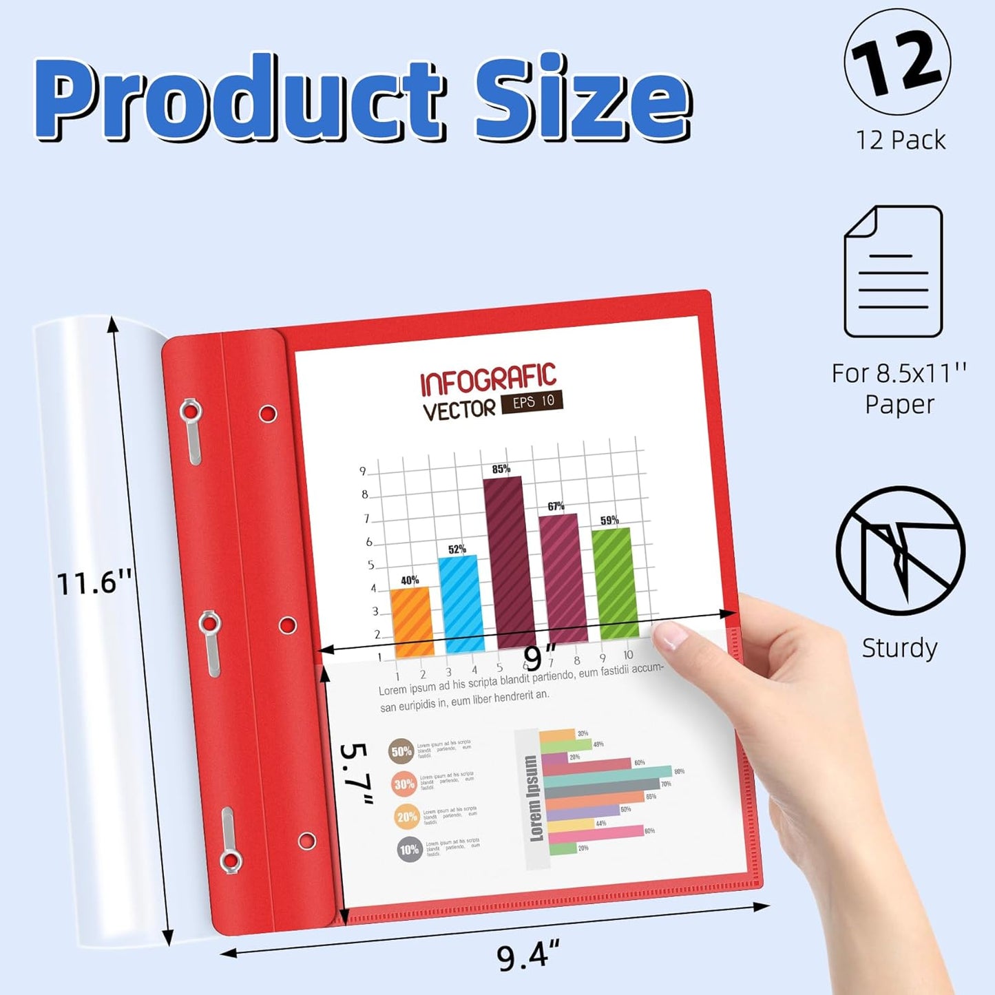 HAUTOCO 12 Pack Plastic Report Covers with 3-Prong Fasteners Clear Front Presentation Folders Resume Folders for 8.5x11 Letter Size Paper, Document Report Cover for School Office Business, Red