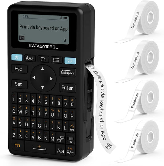 SUPVAN E11 Bluetooth Label Maker Machine with 4 Tapes, Support Keyboard & App with 40 Fonts and 450+ Icons, Rechargeable Inkless Labeler for Home, Kitchen, Office, School, Organization, Black