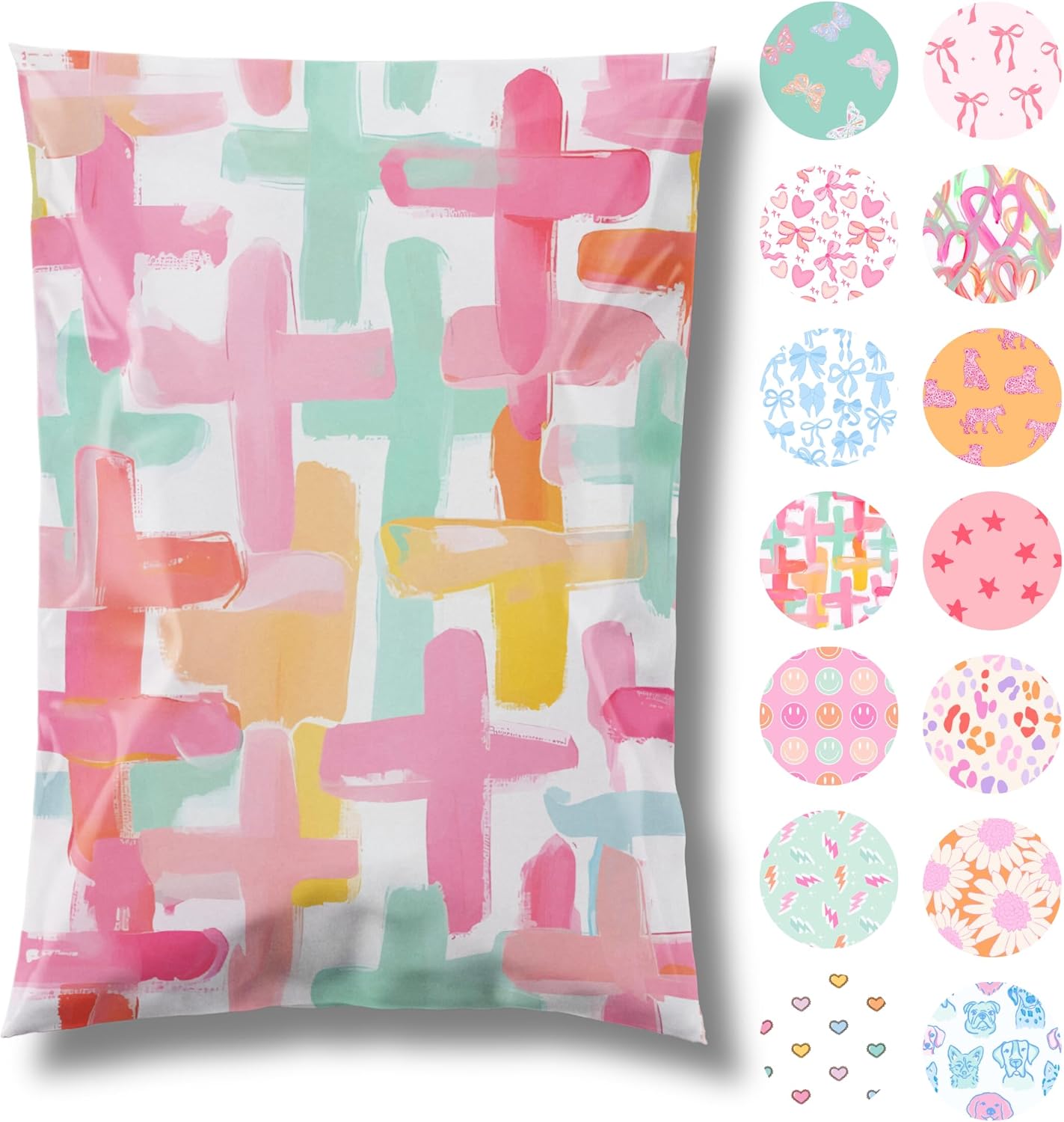 10x13 Designer Poly Mailer 100 Pack Heavy Duty Waterproof Self Seal Shipping Bags for Small Business Large Mailing Envelopes Bulk Tear Resistant Packaging Pastel Crosses Faith
