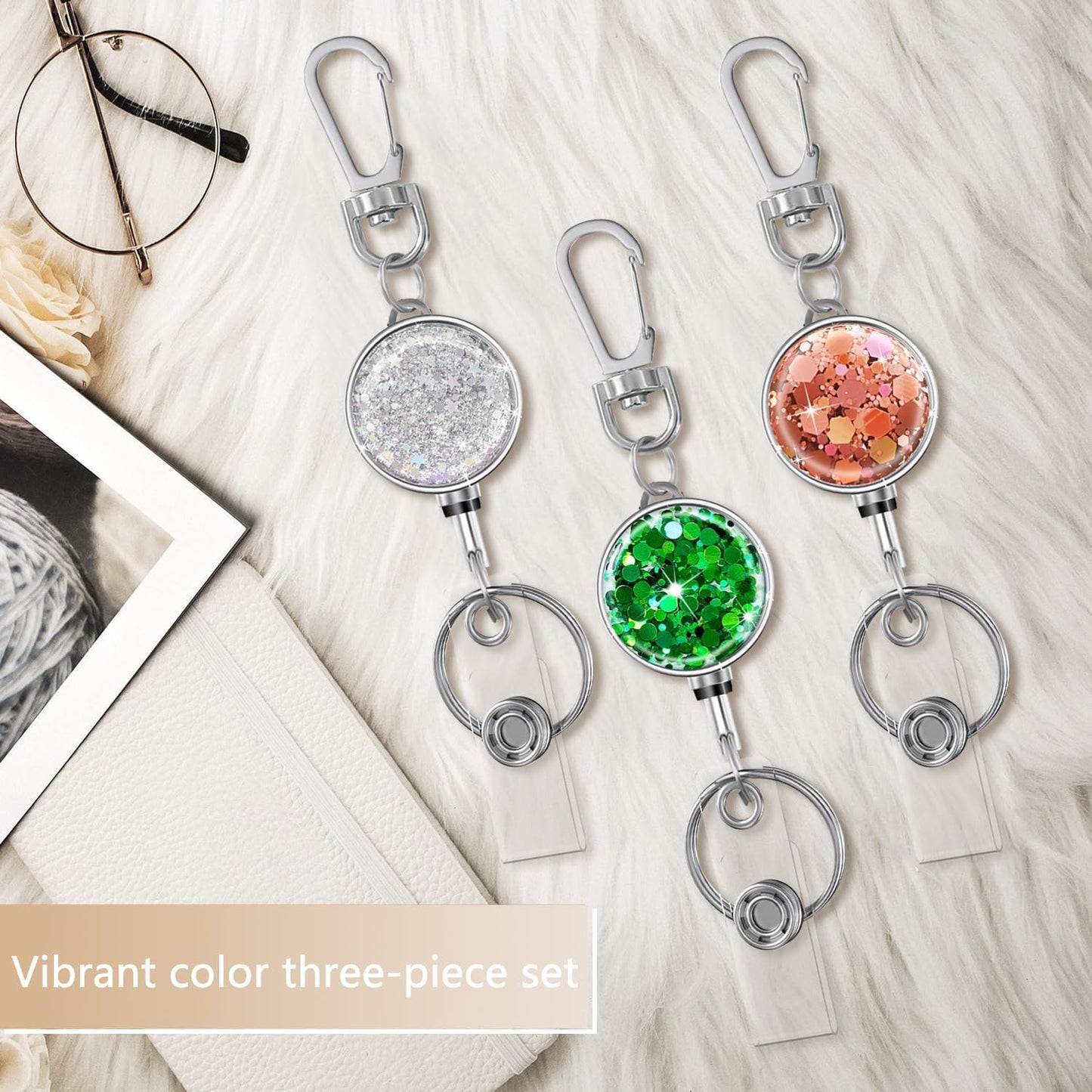 bolimoss Retractable Keychain for Badge Holder Metal Badge Reel with Carabiner Clip Key Ring, Glittery Retractable Badge Holders for Nurse,Volunteer,Teacher,Student (3 Pack Bling Pink, Silver, Green)