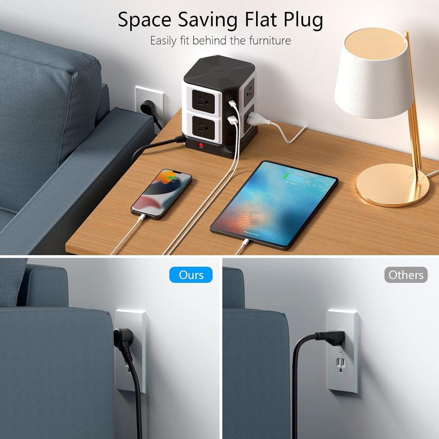 Power Strip Tower with PD20W USB C, BESTEK 8-Outlet and USB Charging Ports 2100 Joules Surge Protector, 5 Feet Extension Cord Flat Plug ETL Listed