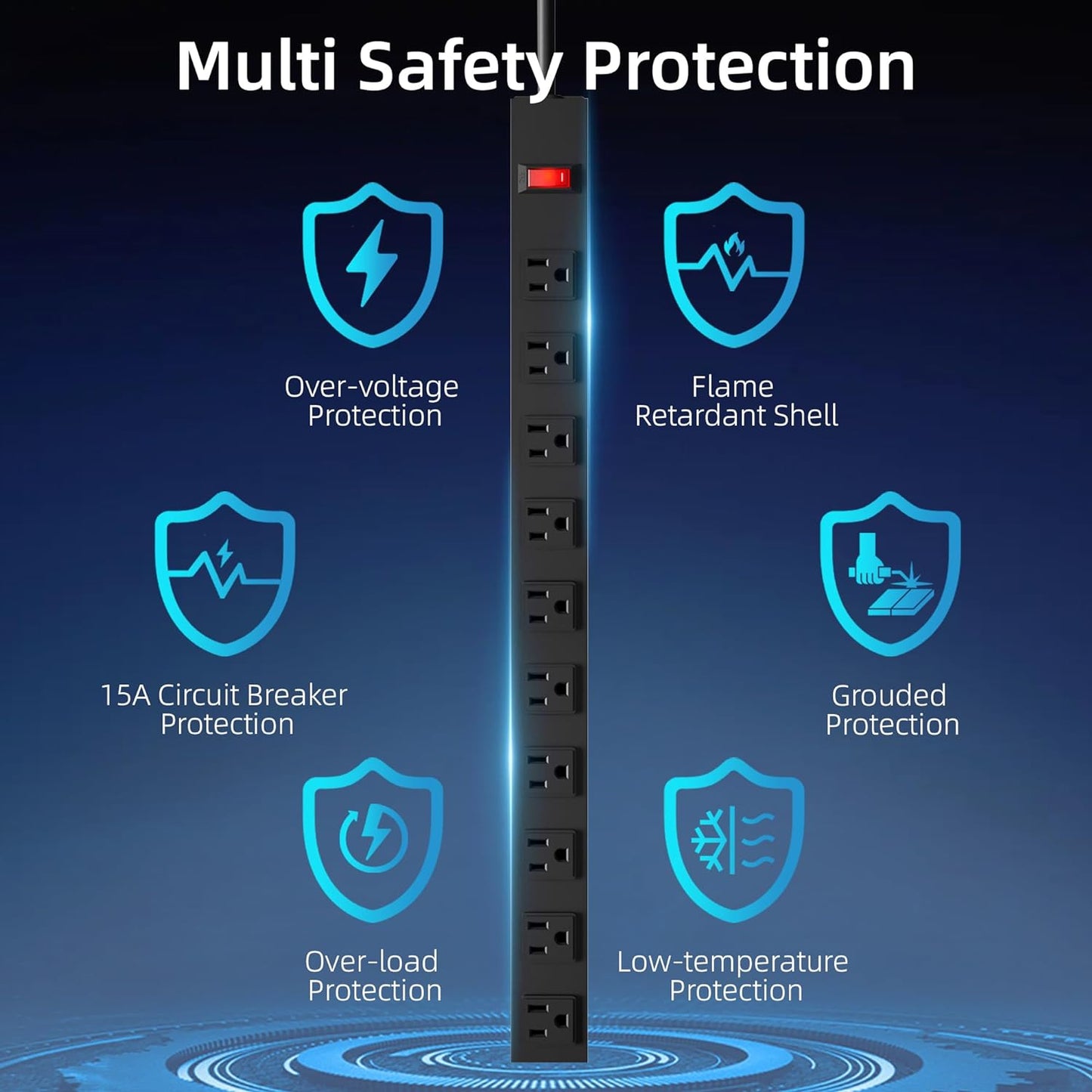 10 Outlet Power Strip 6FT Long Extension Cord Heavy Duty Power Strip Wall Mount Outlet Metal for Kitchen,Office,School,Garage,Workshop,Industrial,125V/15A/1825W,Black(6FT)