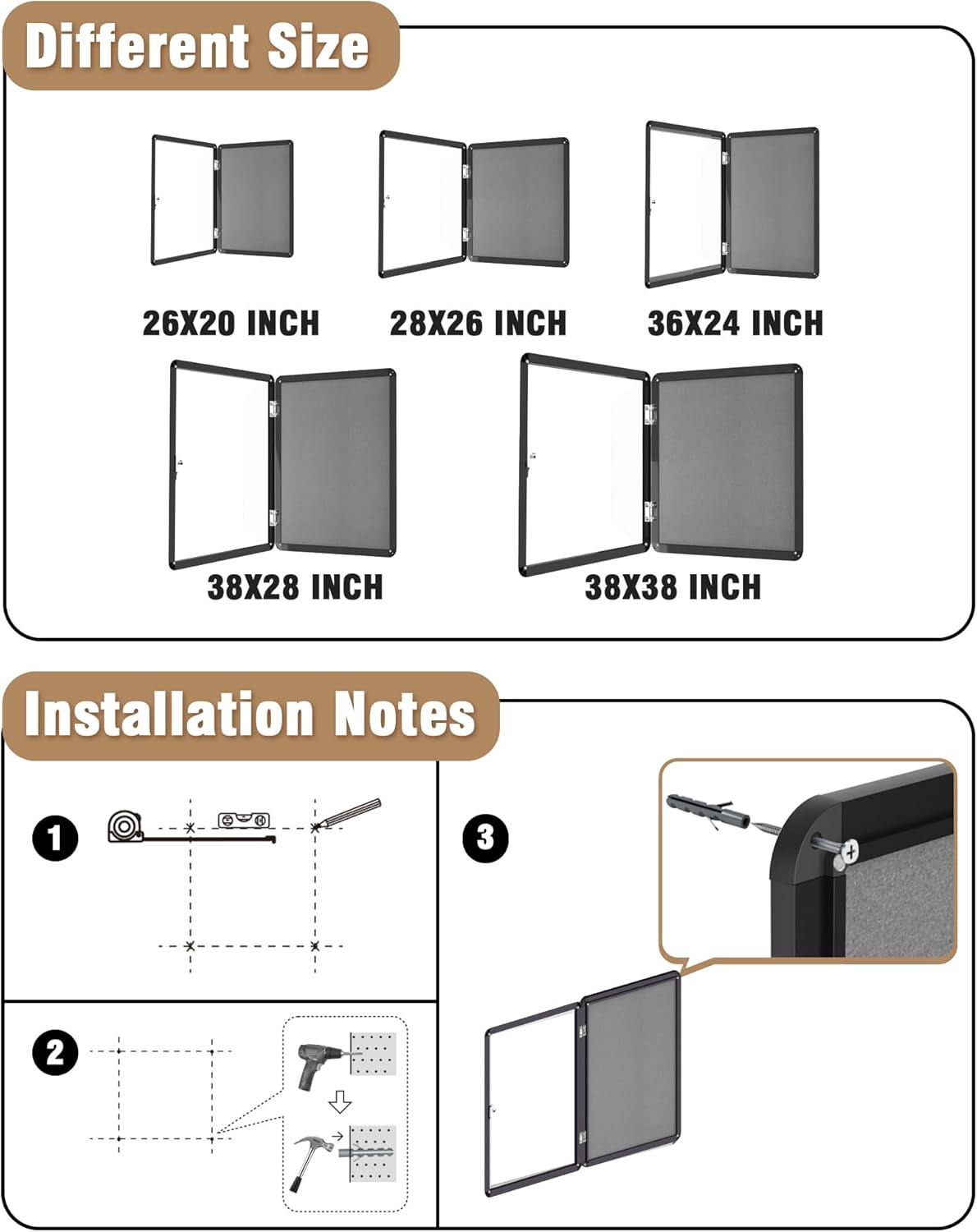 28"x26" Enclosed Bulletin Board, Lockable Weather-Resistant Aluminum Cork Noticeboard for School & Office, Black Frame w/Grey Flet