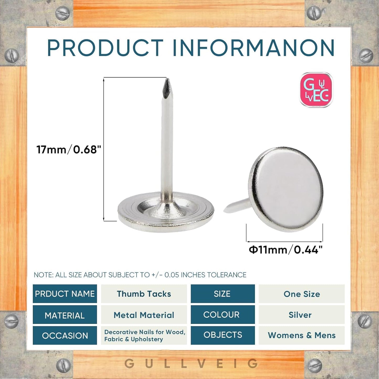 Gullveig Silver Push Pins - 100 Piece Set in Elegant Metallic Finish - Durable Metal Thumb Tacks, Reusable Paper Box - Perfect for Home, Office, and DIY Projects - Ф11mm x 17mm