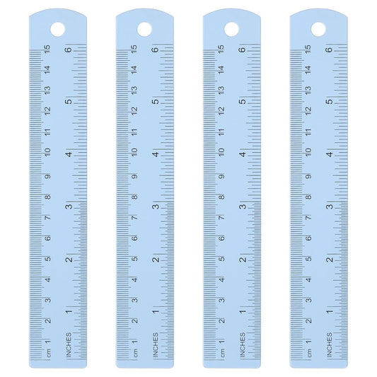HARFINGTON 4pcs Metal Straight Ruler 15cm Metric SAE Aluminum Alloy Measuring Rulers Scale Tool with Hole for Measure Study Reading Classroom Office, Light Blue