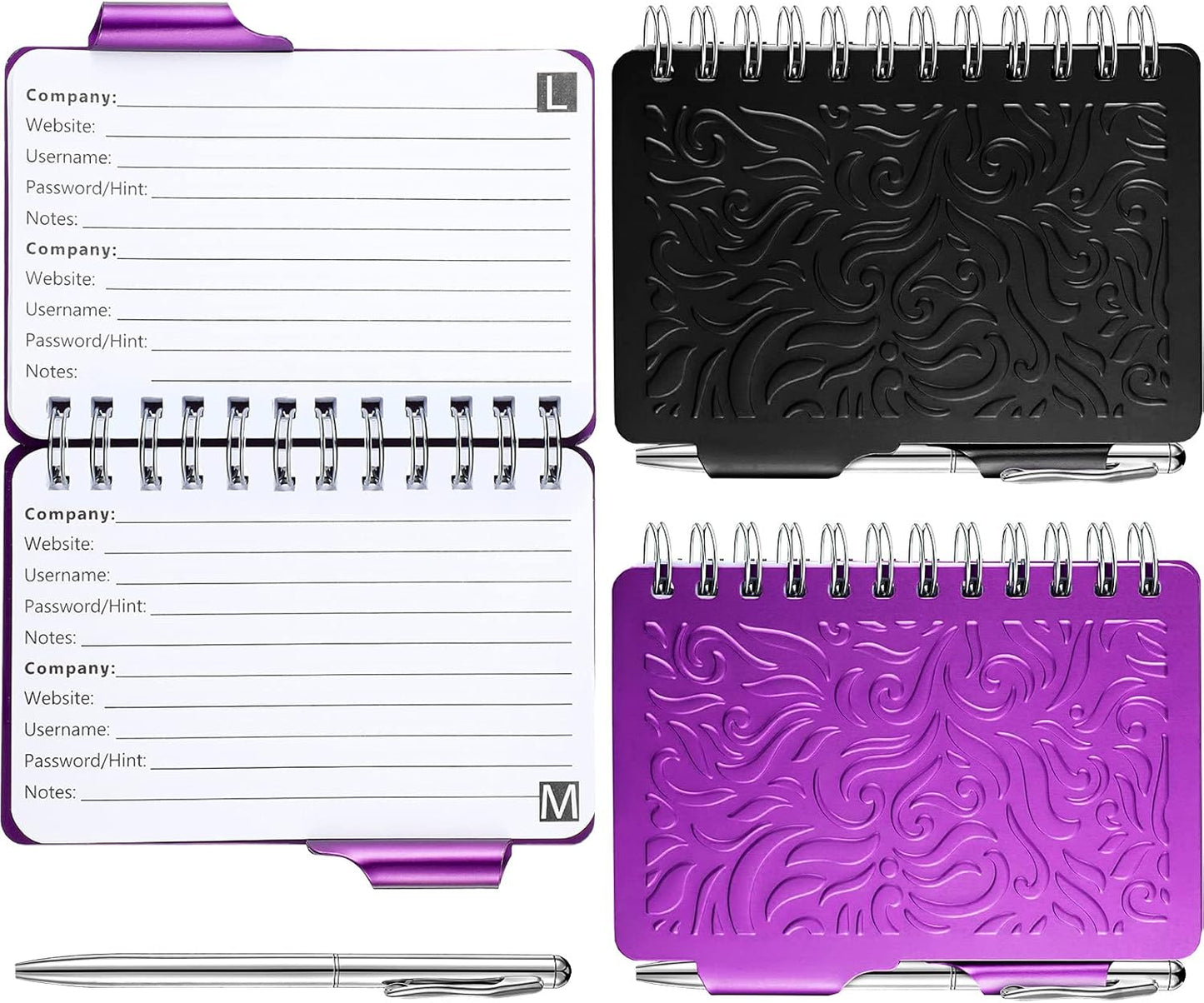 Zonon 2 Pcs Mini Password Book with Alphabetical Tabs Metal Password Keeper Book Portable Organizer Elegant Mandala Pattern Notebook with Pen, Spiral Bound for Information(Black, Purple)