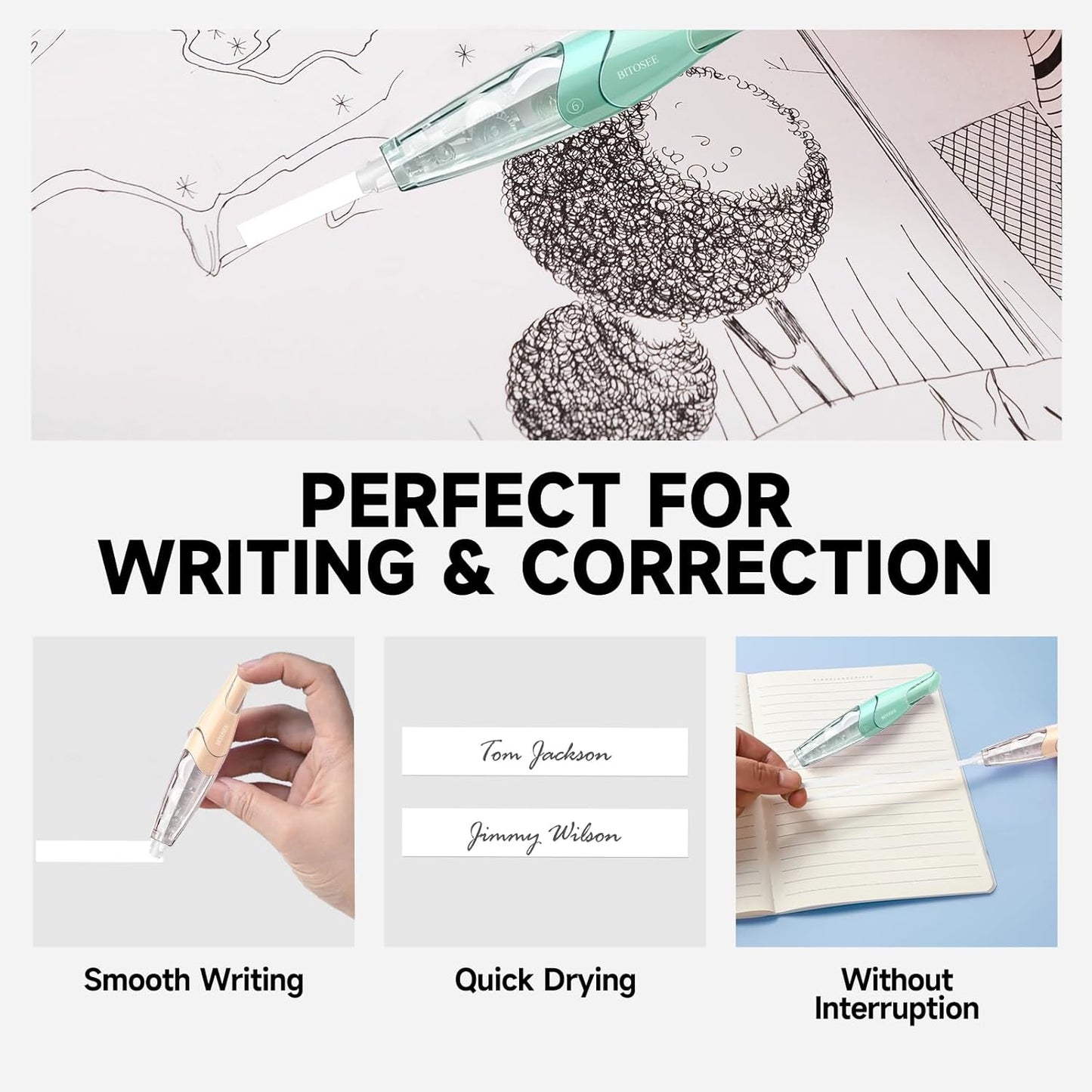 White Correction Tape, Retractable Refillable Correction Tape, With Smooth Pull Out Tape Applicator, Aesthetic Cute Correction Pen for Office Supplies