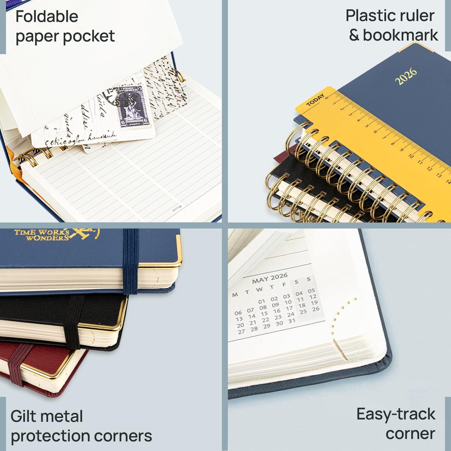 POPRUN 2026 Planner (Pocket Size 4''x 6.25'' Wire-Bond Hard Cover) Calendar Weekly and Monthly (Jan.2026-Dec.2026) Small Planner with Hourly Time Slots, for Purse, 100 GSM - Midnight Green