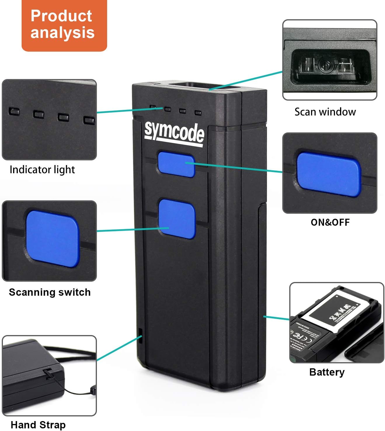 Symcode 2D QR Bluetooth Barcode Scanner, 1D 2D Mini Wireless Handheld CMOS Barcode Scanner Reader with Bluetooth 4.0 & 2.4G Wireless Connection, Portable Barcode Reader Compatible for QR PDF417 Dat