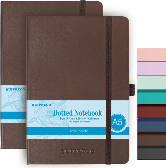 2Pack Bullet Dotted Hardcover Journal Notebook, A5 140 Pages 120Gsm Thick Paper for School,Note Taking,Work,Diary，5.7"*8.3",Brown