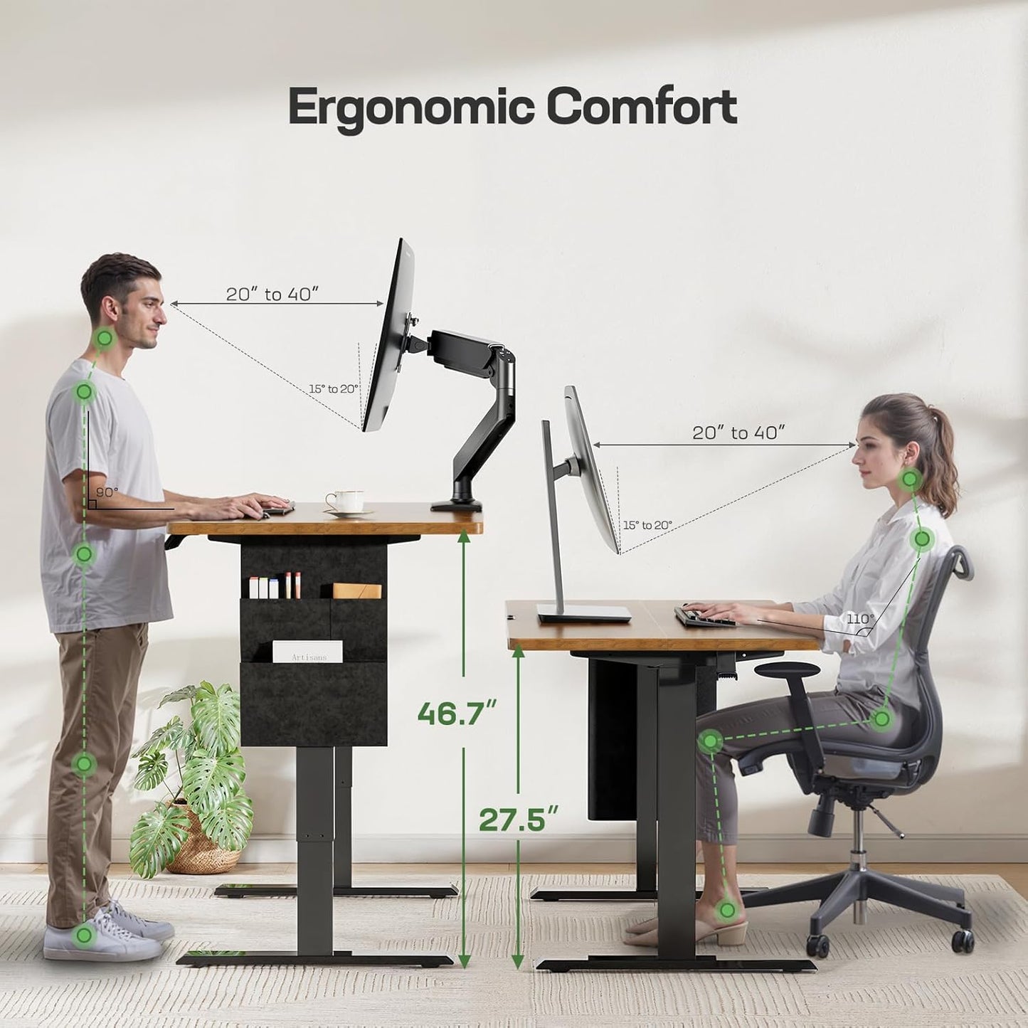 Marsail 48x24 Electric Standing Desk - Adjustable Height Computer Desk with Memory Presets, Storage Bag & Cable Management for Home Office & Gaming Workstations