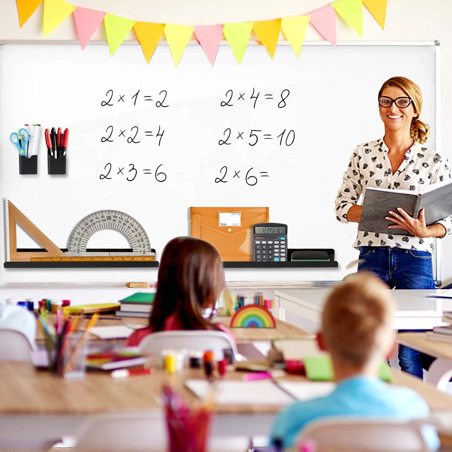 2 Set Acrylic Magnetic Book Shelf & Pen Holder for Whiteboard, 8.8Lbs Bearing Magnetic Books Display Holder for Teacher Classroom Office, Black