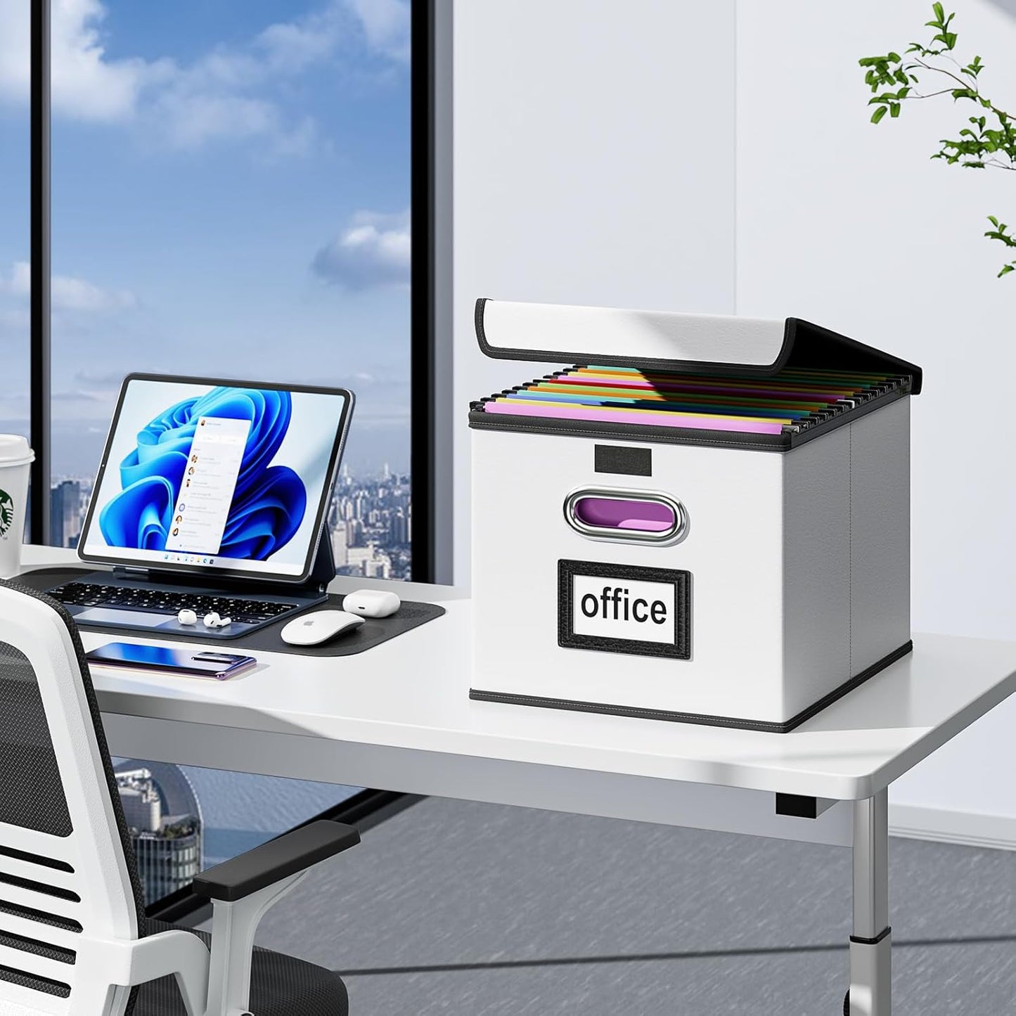 Huolewa Portable Leather File Organizer Boxes with Lids, Office Document Boxes Organizer, Filing Boxes, Decorative Small File Boxes for Hanging Files, File Cabinet for Office/Home - 4 Pack