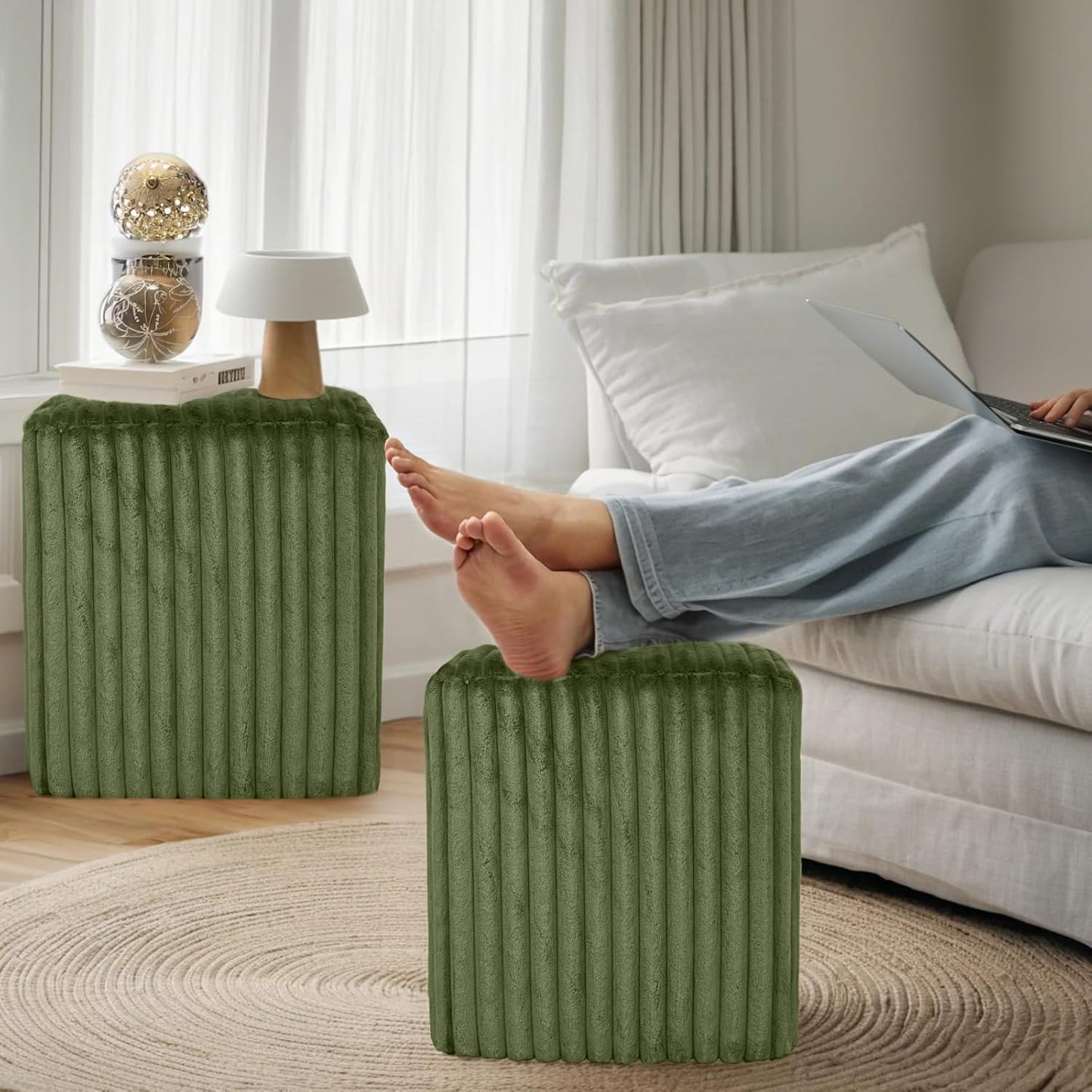 Modern Square Ottoman 2Pcs, Vertical Channel Tufted Foot Stool Ottoman, Velvet Upholstered Vanity Stool for Makeup, Bedroom, Living Room, Dark Green