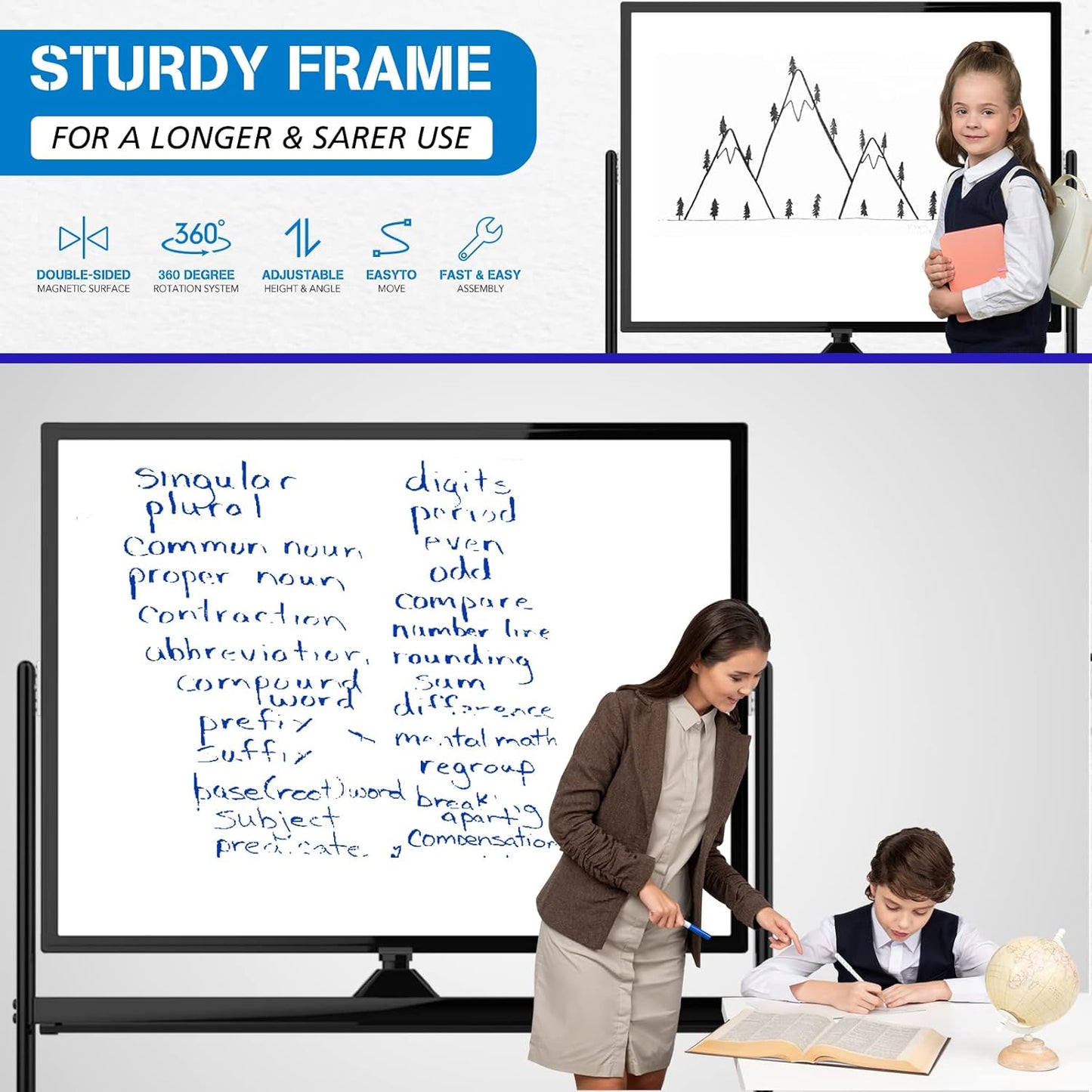 Large Dry Erase Board 48 x 36 Magnetic Non-Foldable Whiteboard with Stand Portable Mobile Rolling Double Sided with Wheels for Office Home Classroom