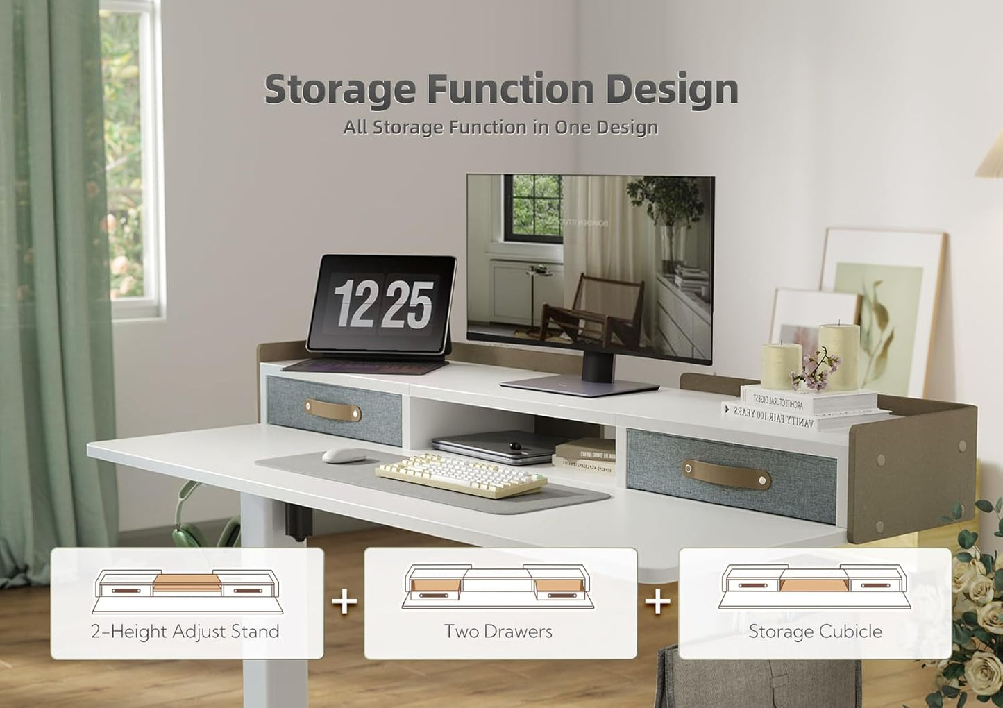 YDN Electric Standing Desk with Drawers, Adjustable Height Stand Up Desk, 48 inch Electric Sit Stand Computer Desk for Home Office, White