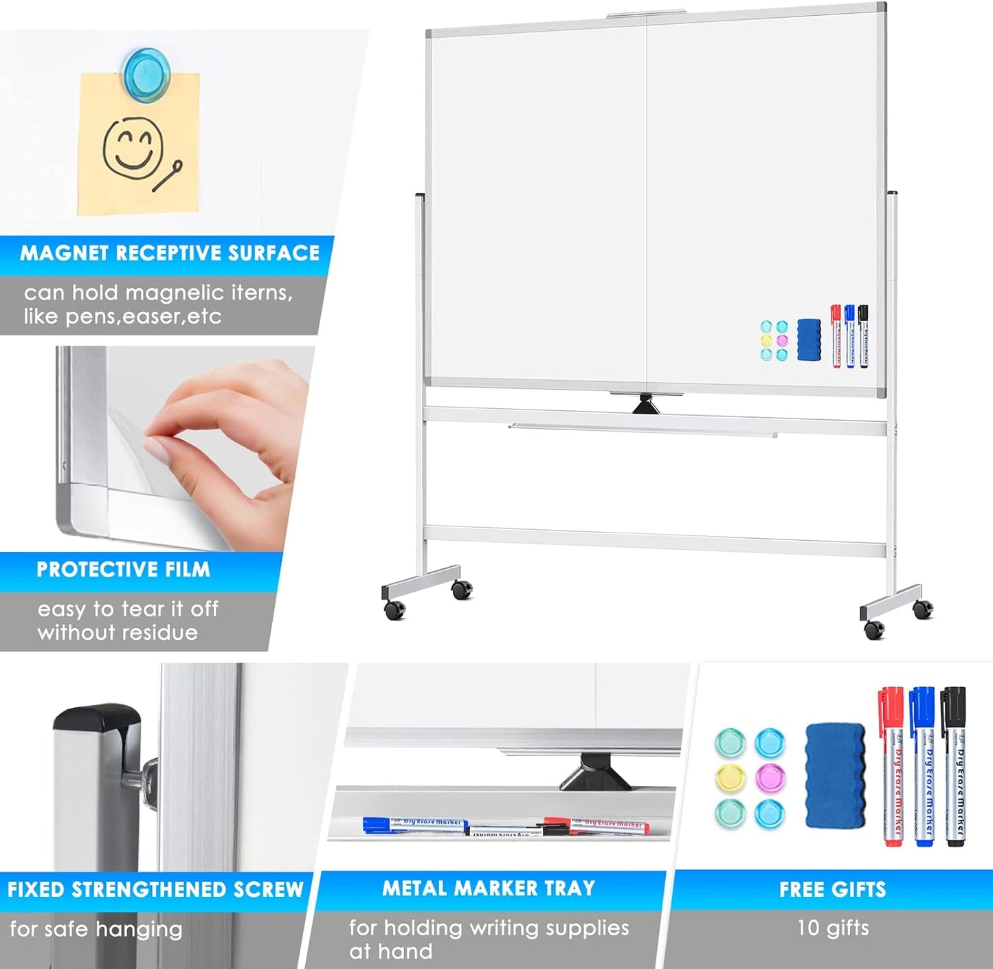 maxtek 60 x 48 Double Sided Rolling Whiteboard, Mobile Whiteboard Magnetic White Board - Large Reversible Dry Erase Board Easel Standing Board on Wheels with Stand (60 x 48)