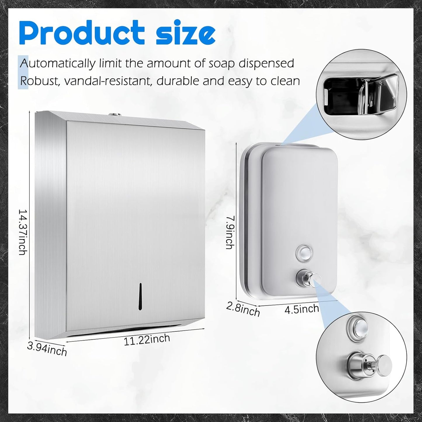 2 Pcs Commercial Soap Dispenser and Paper Towel Dispenser Set with Lock-Stainless Steel,Wall Mount,Large Capacity Manual Liquid Pump Rust Proof Leak Free for Commercial Home Bathroom
