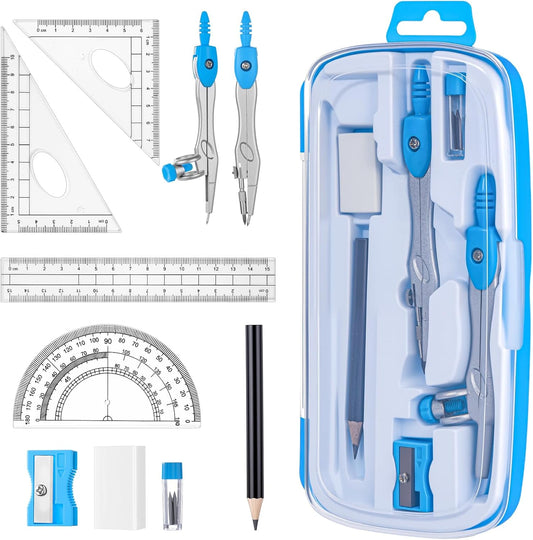 Zonon Math Geometry Set 10 Pcs Student Supplies with Shatterproof Storage Box, Includes Rulers Protractor Compass Pencil Sharpener Lead Refills Eraser Pencil for Drafting and Drawings(Blue)