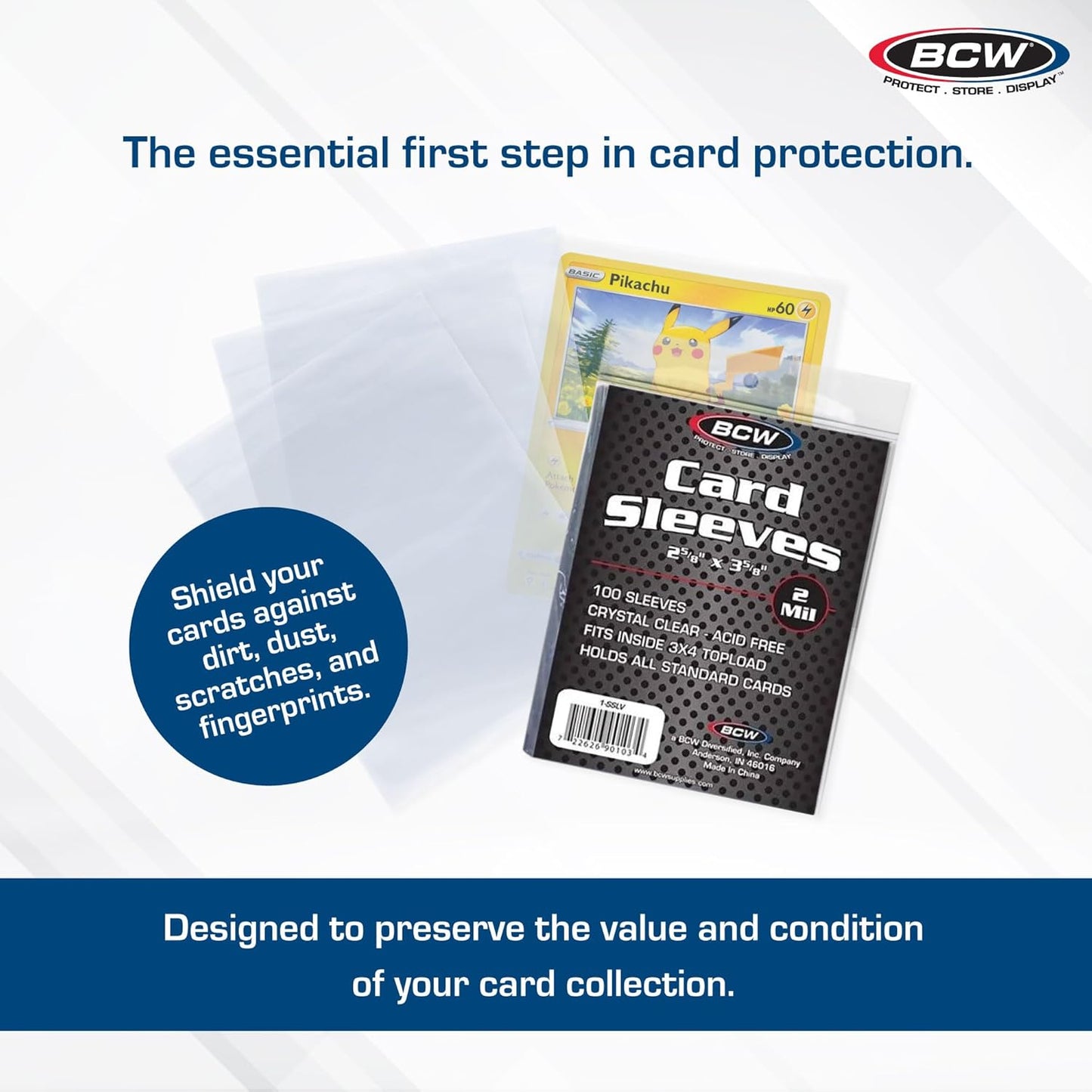 BCW Standard Card Sleeves - 2-5/8" x 3-5/8" - 5 Packs (500 Total) | Crystal Clear Acid-Free, Toploader | Trading Card Sleeves for Baseball, Basketball, Football, Hockey, Pokemon, MTG, etc