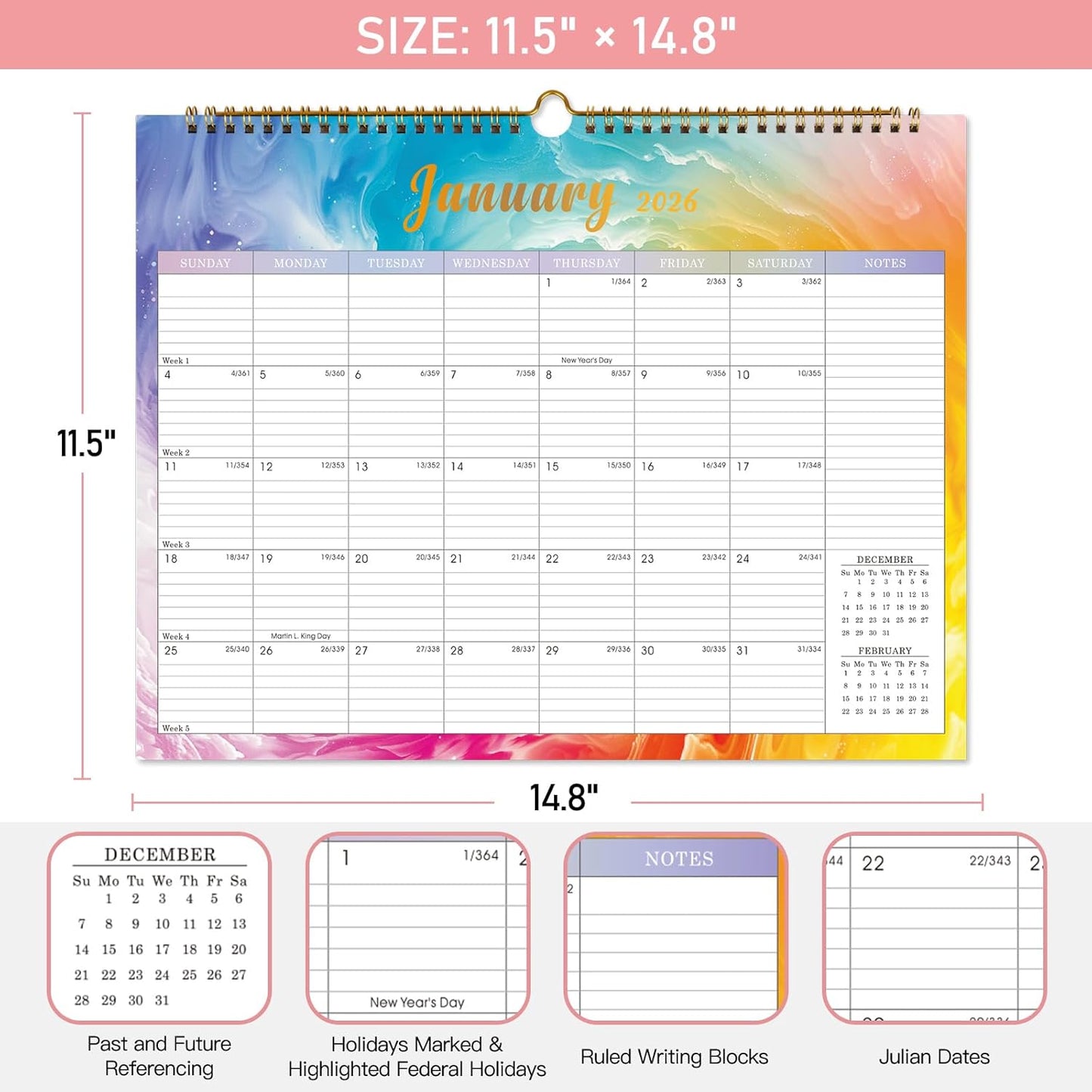 Lbylyhxc Calendar 2026 - 18 Monthly Wall Calendar 2025-2026 from July 2025 to December 2026, 14.8 x 11.5 Inches.Thick Paper includes major holidays and dedicated space for notes and important dates (Calendar 2025-2026 rainbow)