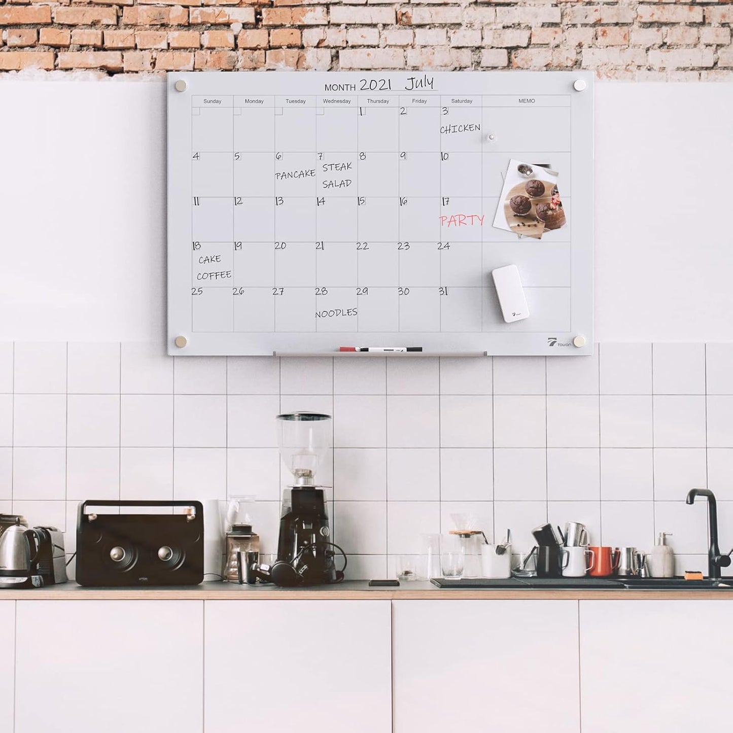 TOWON Tempered Glass Calendar Dry Erase Board for Wall, 3' x 2' Magnetic Whiteboard Calendar Planner for Office, Home, School Supplies, White, 36 x 24 Inches