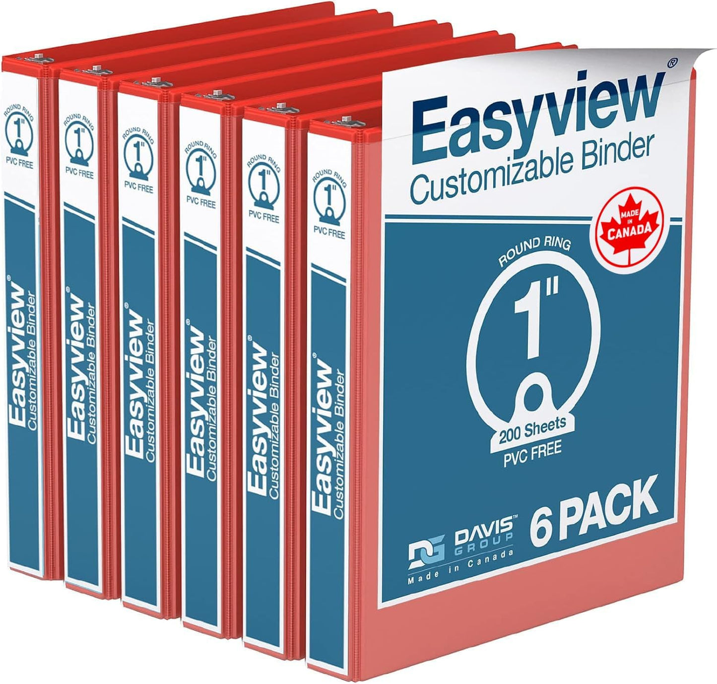 Easyview Premium 3-Ring Binders with Clear-View Covers and Round Rings, Binders for School or Office, 1 Inch, Pack of 6, Red