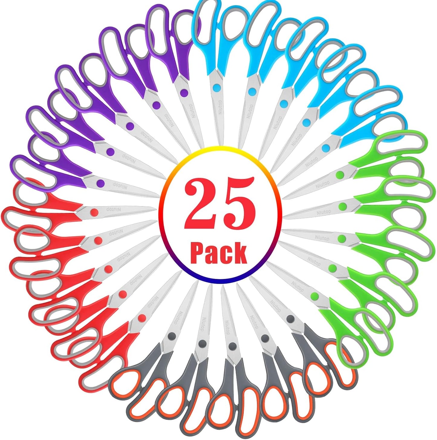 Scissors Bulk Set of 25-Pack, Niutop 8" Multipurpose Sharp Sewing Craft Shears Fabric Scissors for Office Home High/Middle School Student Office Teacher Supplies, Comfort-Grip Right/Left Handles