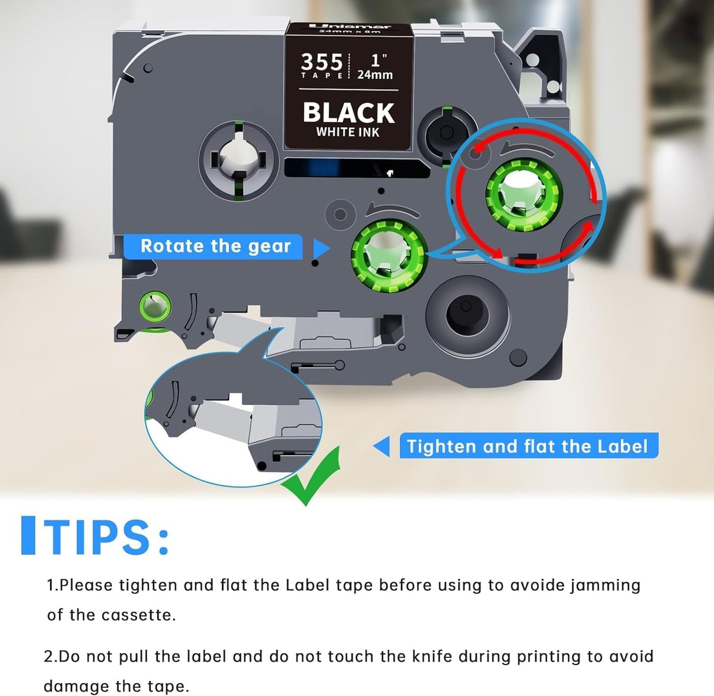 Unismar TZe-355 Compatible for Brother Ptouch 24mm 0.94 Laminated White on Black Label Tape TZ355 TZ Tape Work for PTD600 PT-P700 PT-2430PC PT-D600VP PT-D800W PT-P900W Label Maker, 1'' x 26.2', 4-Pack