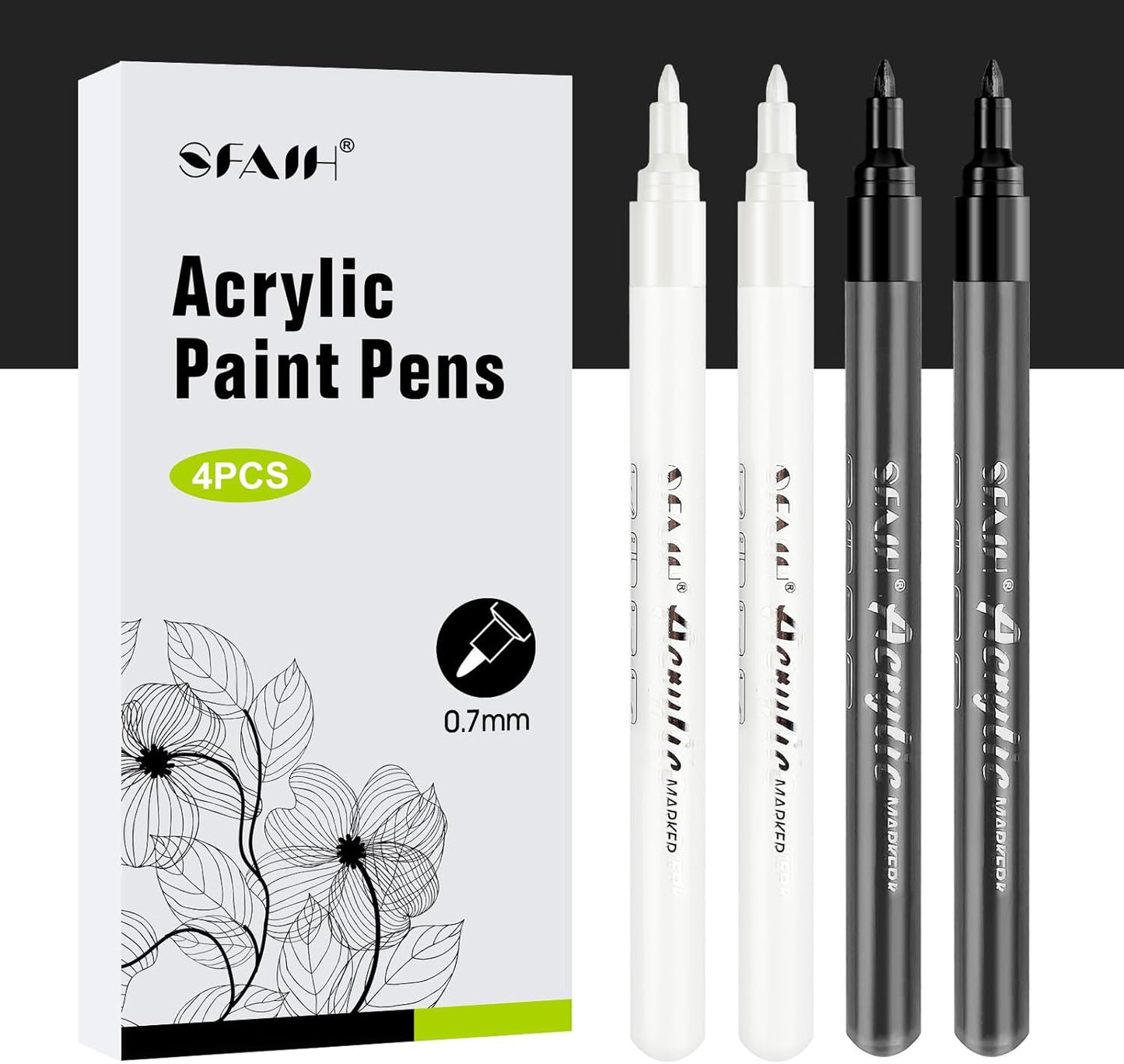 SFAIH White & Black Paint Markers Pens - 4 Pack 0.7MM Fine Tip Acrylic Markers for Rock Painting, Wood, Metal, Fabric, Plastic, Canvas, Glass, Ceramic, Diy Crafts, Drawing, Tire
