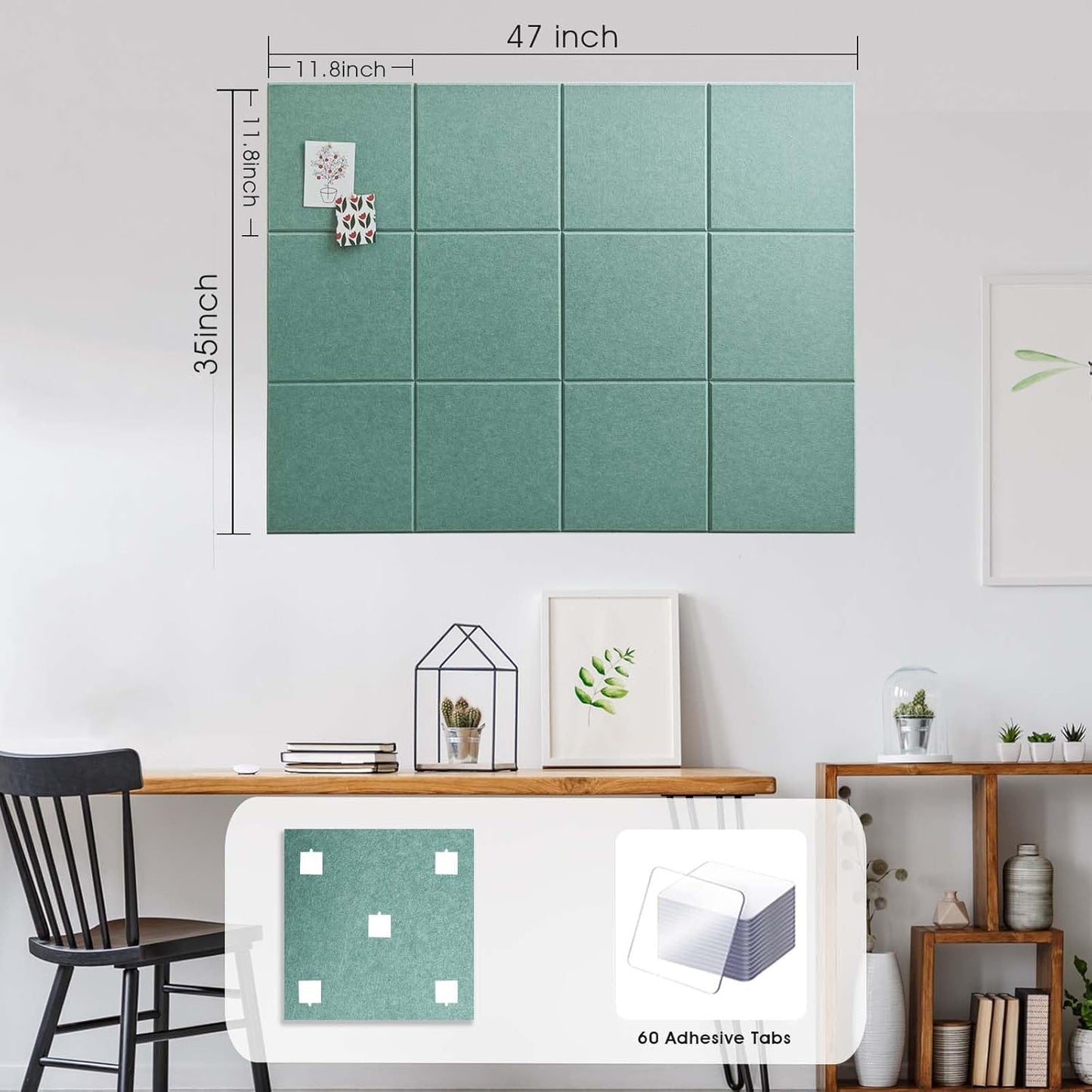 Large Cork Board for Office Wall Decor,48"x36"-12 Pack Felt Wall Tiles with Safe Removable Adhesive Tabs, 1/2" Thick, Felt Bulletin Board Pin Board Cork Boards for Walls - Sage Green