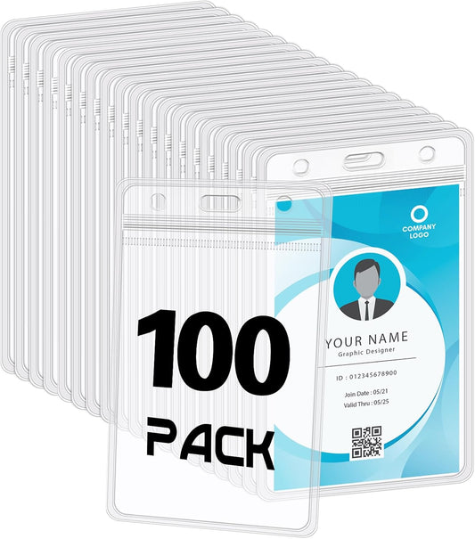 100 Pack Vertical ID Badge Holders Clear Plastic Waterproof Card Holder Resealable for Office Worker Teacher Nurse