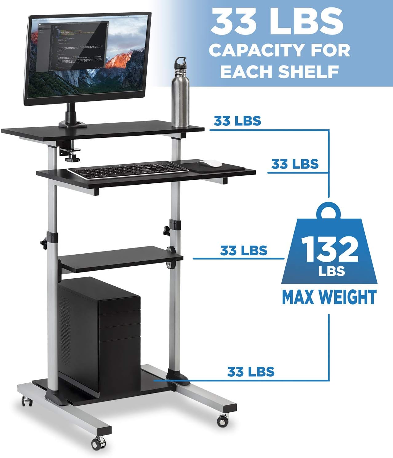 Mount-It! Rolling Desk Adjustable Height up to 54.7", Portable Standing Desk for Laptop or Podium Stand with Wheels, Mobile Roller Presentation Cart, Computer Work Station 27.5" Wide, Locking Wheels