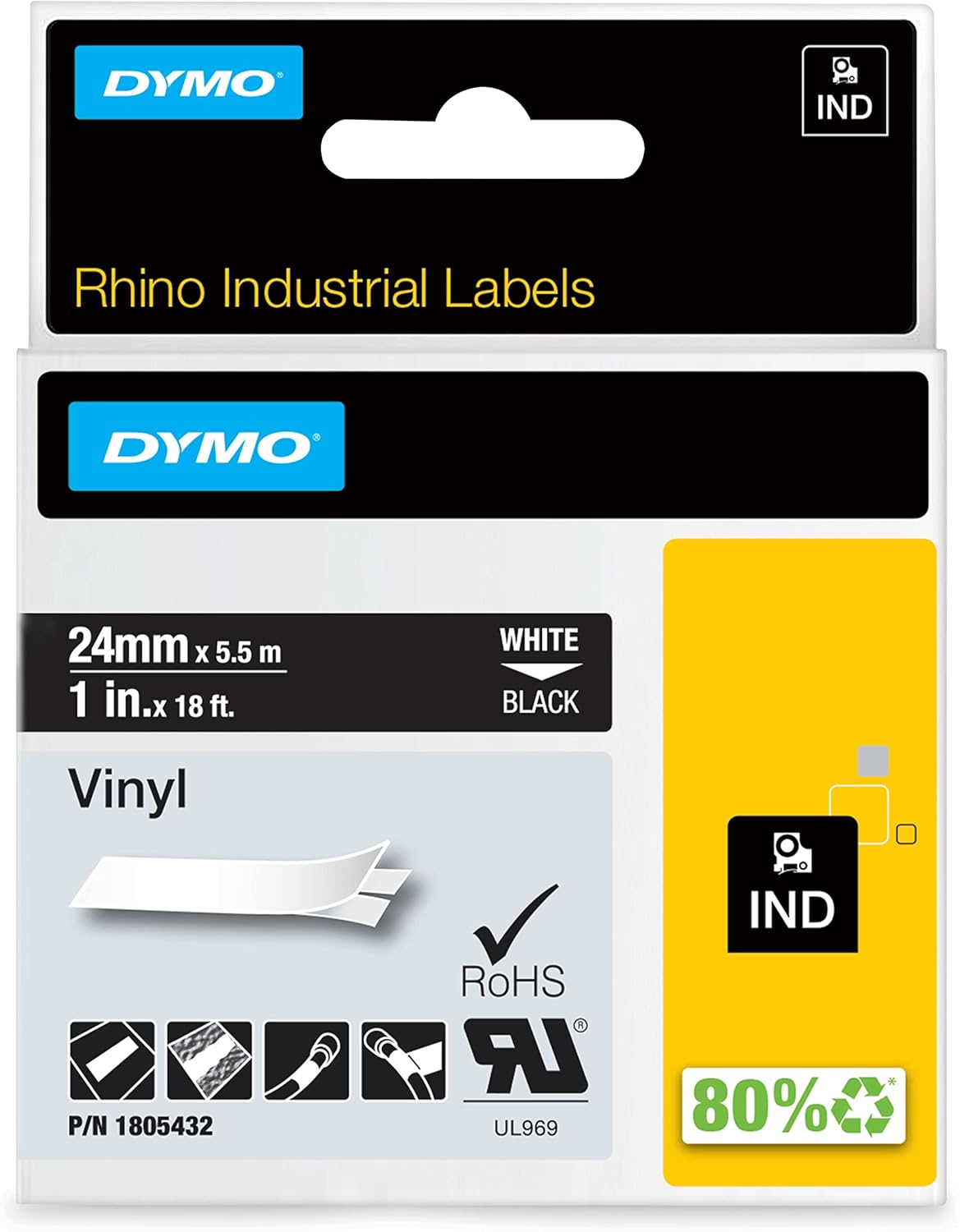 DYMO Rhino Adhesive Vinyl Label Tape, 1-inch, 18-Foot Cassette, Black (1805432)