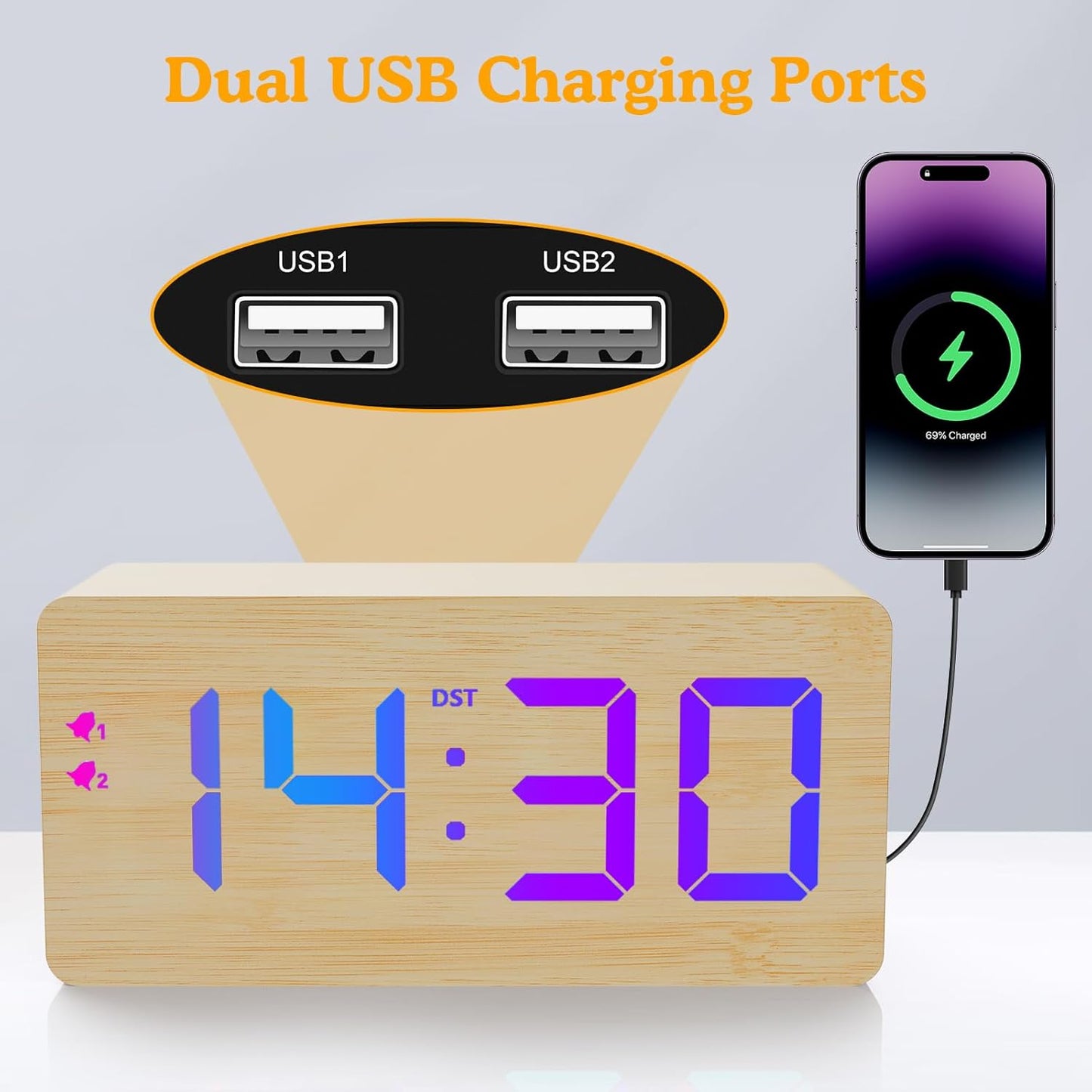 Wooden Digital Alarm Clock with Fast Wireless Charger, Dual USB Charging Ports, DST, Dimmable, Snooze, RGB Large Number Display LED Clock for Bedrooms, Living Room, Desk, Table, Bedside(Bamboo)
