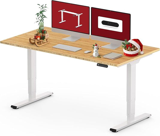 SANODESK 55 Inch 3 Stage Bamboo Electric Standing Desk, Dual Motor Height Adjustable Desk, Whole-Piece Desktop Sit to Stand Home Office Desk (White Frame/ 55” x 28” Natural Bamboo Top)