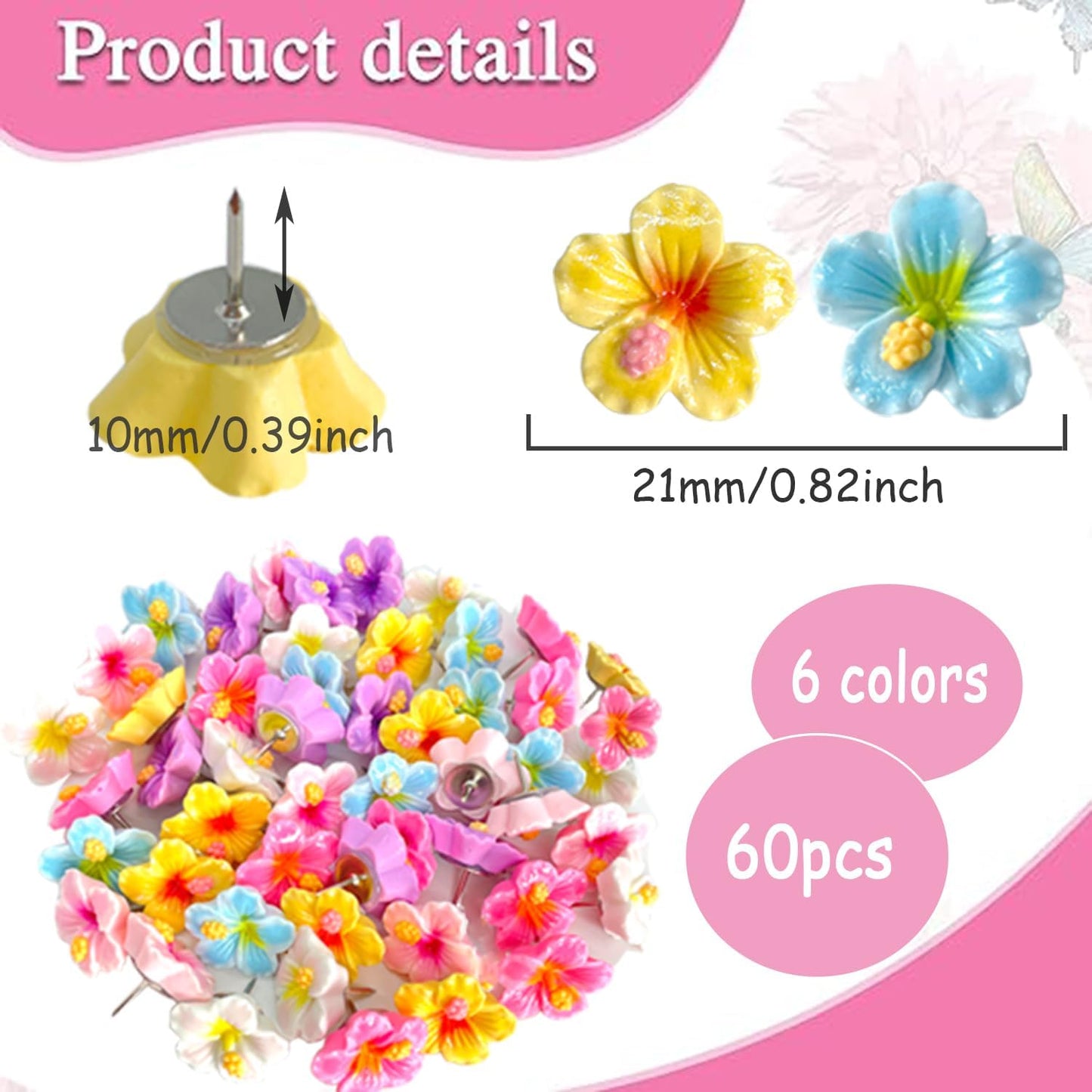 60 pcs Flower Push Pins Cute Decorative Flower Thumbtacks Color Pushpins for Bulletin Cork Board Photo Wall Display Map Home Office Organization