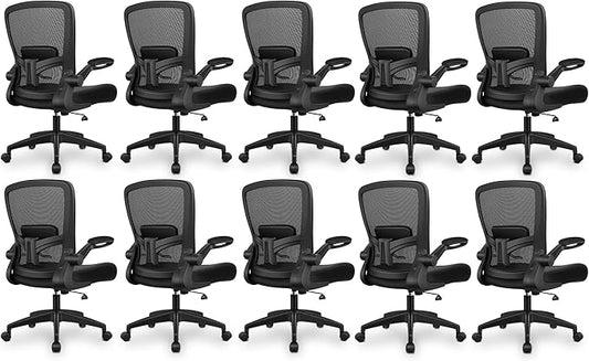 FelixKing Office Chair, Ergonomic Desk Chair Breathable Mesh Chairs Adjustable High Back Lumbar Support Flip-up Armrests, Executive Rolling Swivel Comfy Computer Chairs Home Office Black, Pack of 10