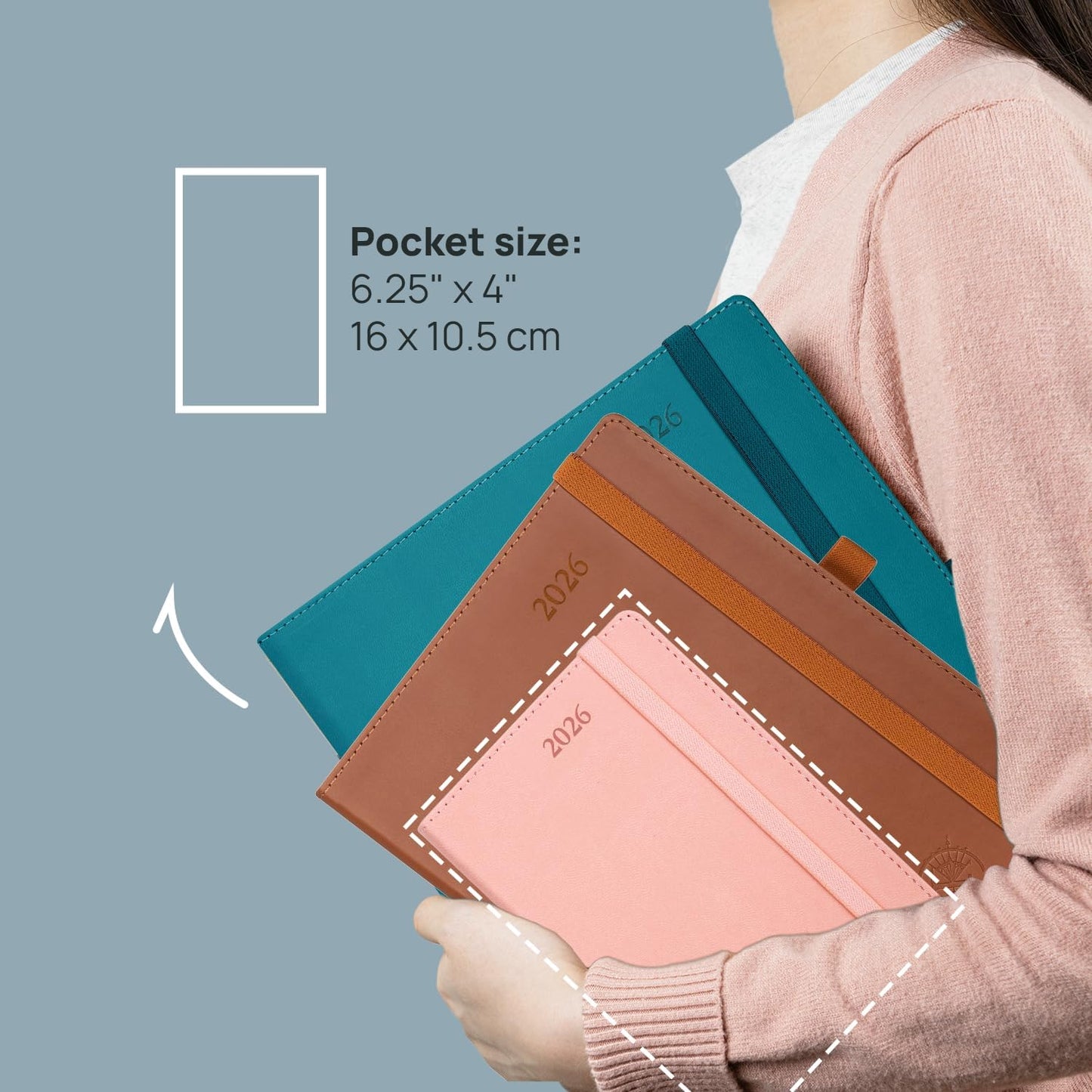 POPRUN Pocket Calendar 2026 (Small Size- 4'' x 6.25") Weekly and Monthly for Purse - Planner 2026 (Jan. 2026 - Dec. 2026) with Vegan Leather Soft Cover, Pen Holder and More - Pink