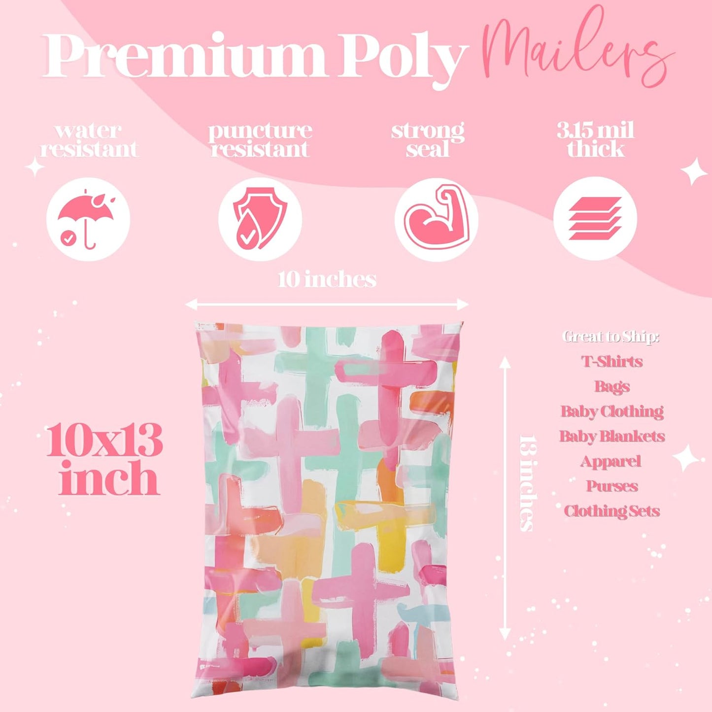 10x13 Designer Poly Mailer 100 Pack Heavy Duty Waterproof Self Seal Shipping Bags for Small Business Large Mailing Envelopes Bulk Tear Resistant Packaging Pastel Crosses Faith