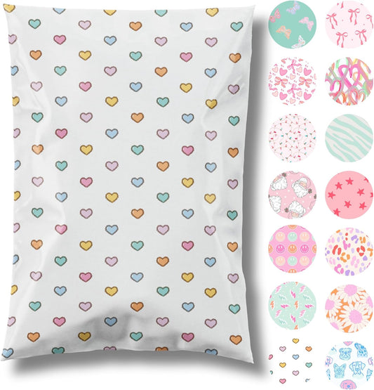 10x13 Designer Poly Mailer 100 Pack Heavy Duty Waterproof Self Seal Shipping Bags for Small Business Large Mailing Envelopes Bulk Tear Resistant Packaging Preppy Hearts