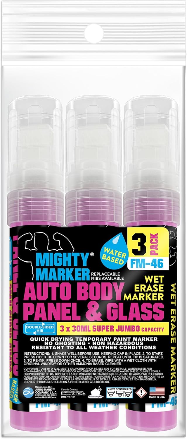 FM-46 Auto Body and Glass Super Jumbo Paint Marker, No-Ghost Formula, Water-Resistant, Valve Action, Removable, Water-Based, 30ml Capacity, Made in USA, Pink 3 Pack