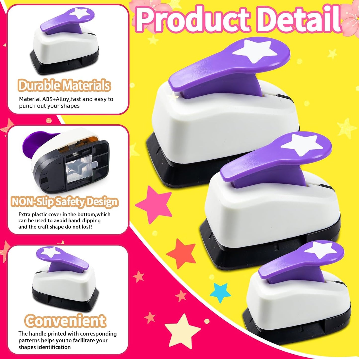 Star Paper Punch, 3/8", 1", 5/8" Star Shape Craft Punch Scrapbook Paper Cutter Hole Punch Set, Design for Office Supplies, Card Making, DIY Photo Album, Purple